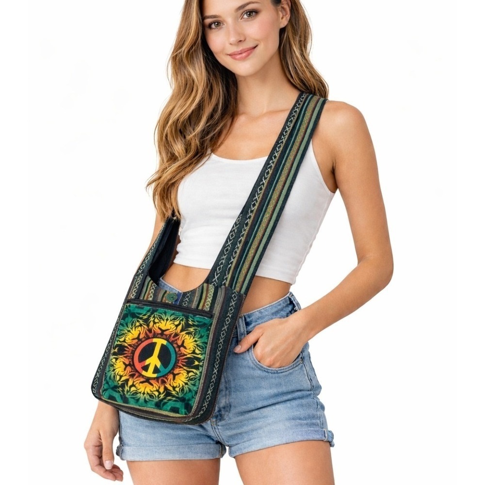 Kathmandu Imports Peace Sign Tiger Mandala Boho Cotton Crossbody Sling Bag Nepal